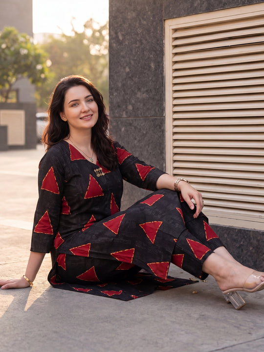 Indo Era Black Printed Straight Kurta Trousers Set