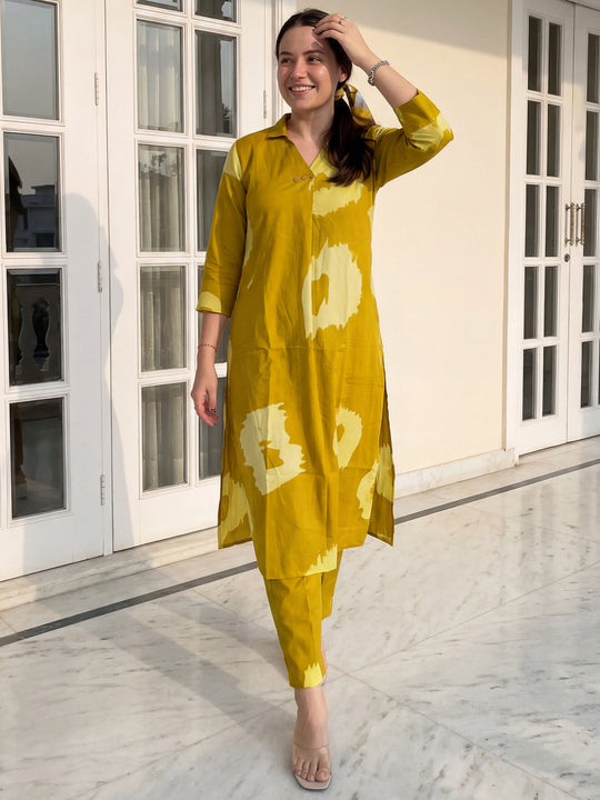 Indo Era Mustard Printed Straight Kurta Trousers Set