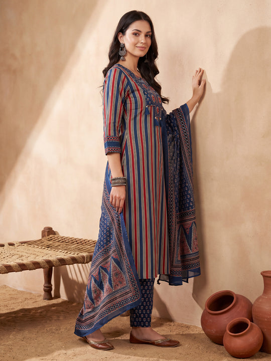Indo Era Blue Printed Straight Kurta Trousers With Dupatta Set