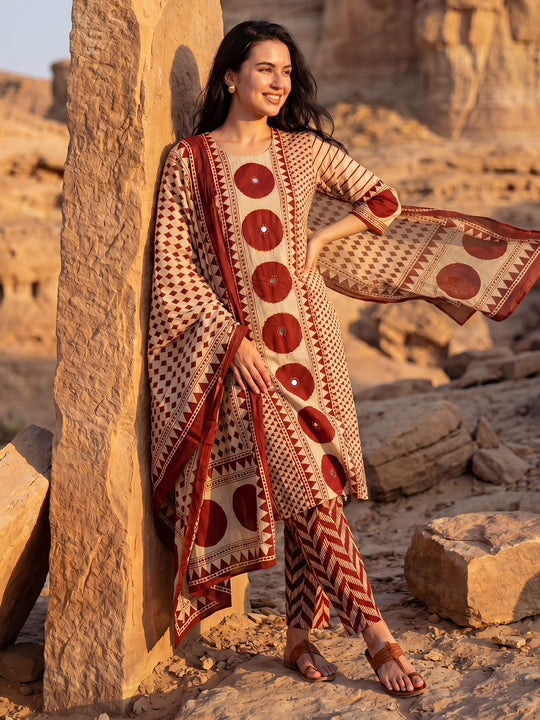 Indo Era Rust Printed Straight Kurta Trousers With Dupatta Set
