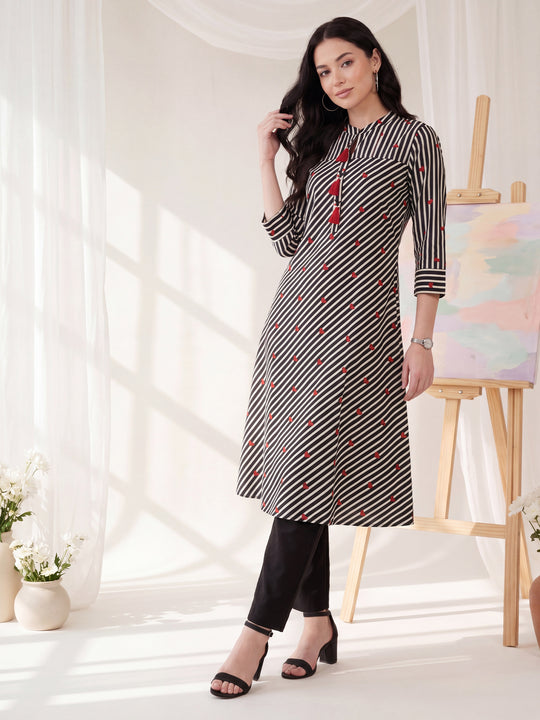 Indo Era Black Printed A-Line Kurta Trousers Set