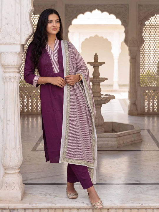 Indo Era Burgundy Self Design Straight Kurta Trousers With Dupatta Set