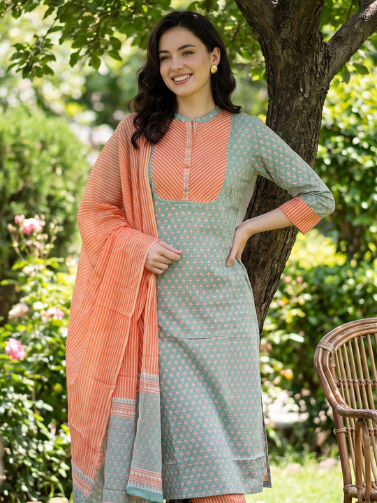 Indo Era Sea Green Printed Straight Kurta Trousers With Dupatta Set