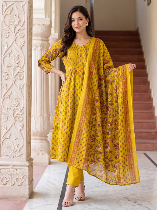 Indo Era Mustard Printed A-Line Kurta Trousers With Dupatta Set