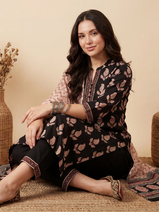Indo Era Black Printed Straight Kurta Trousers With Dupatta Set