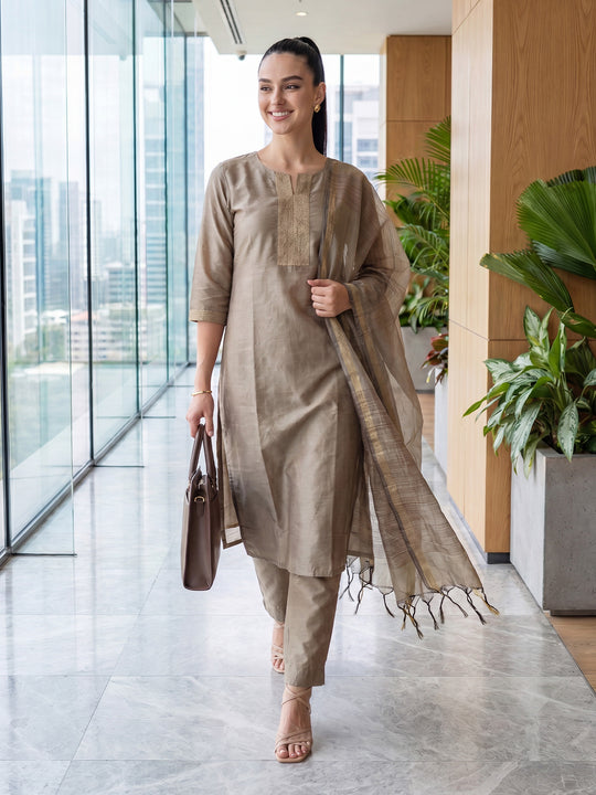 Indo Era Grey Solid Straight Kurta Trousers With Dupatta Set