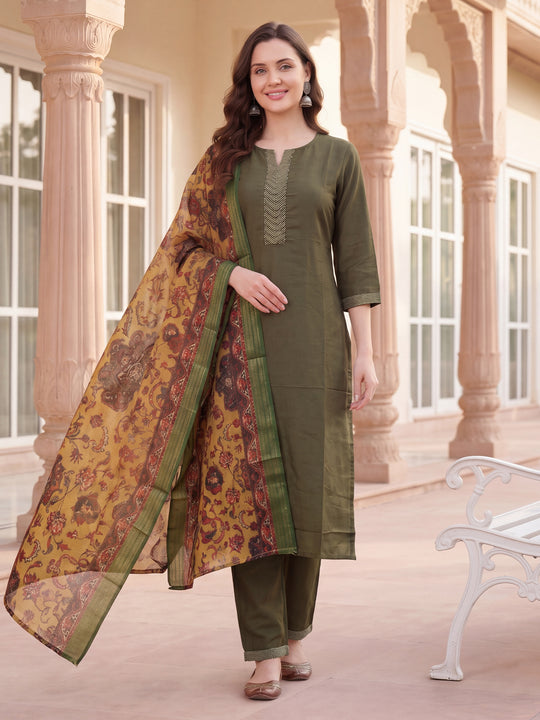 Indo Era Green Yoke Design Straight Kurta Trousers With Dupatta Set