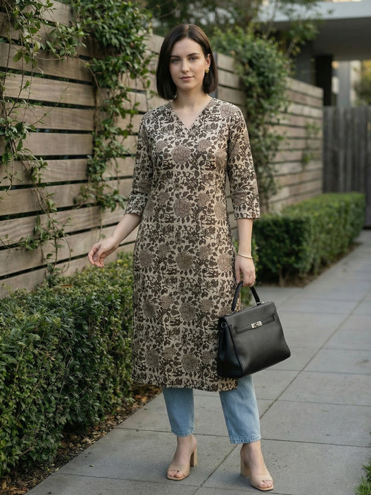 Indo Era Brown Printed Straight Kurtas