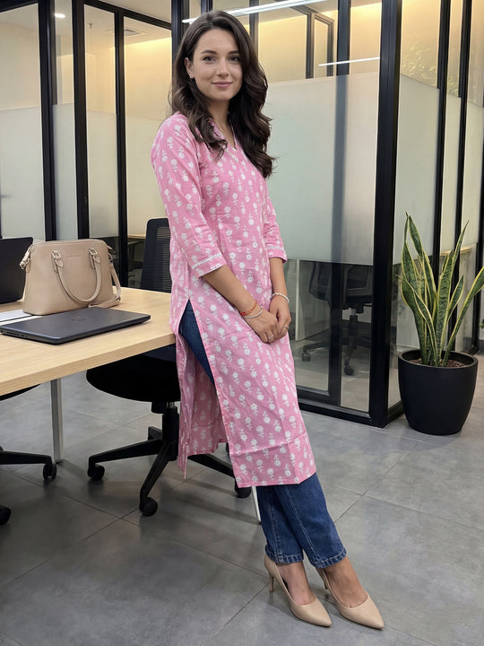 Indo Era Pink Printed Straight Kurtas