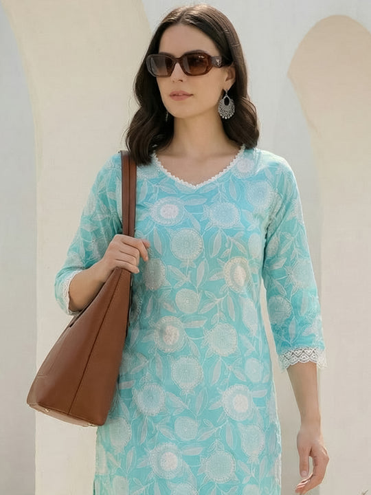 Indo Era Blue Printed Straight Kurtas