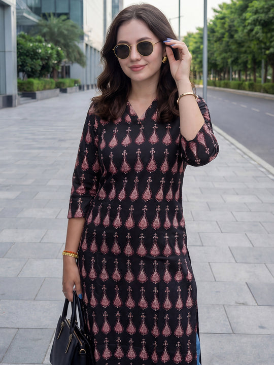 Indo Era Black Printed Straight Kurtas