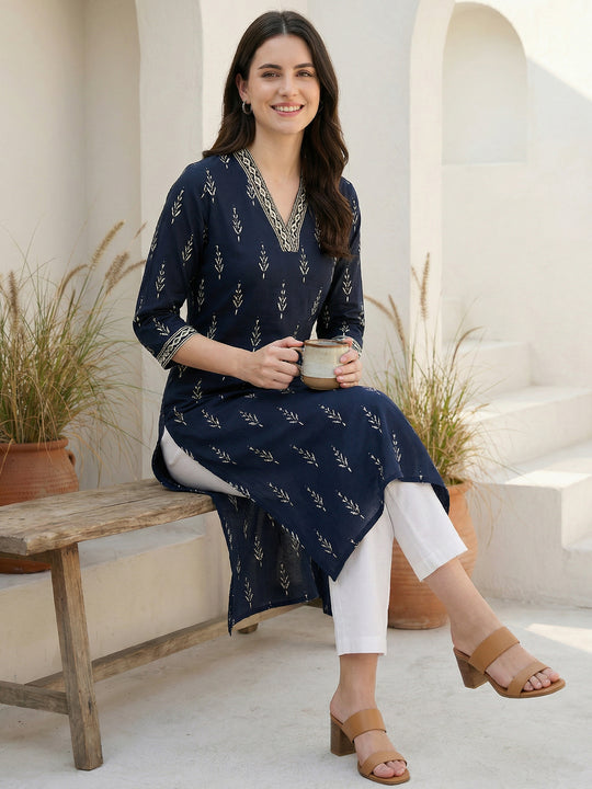 Indo Era Black Printed Straight Kurtas