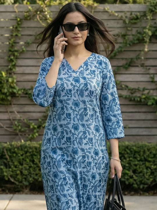 Indo Era Blue Printed Straight Kurtas