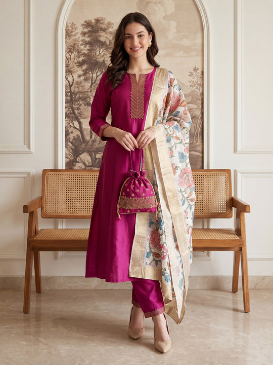 Indo Era Pink Yoke Design Straight Kurta Trousers With Dupatta Set