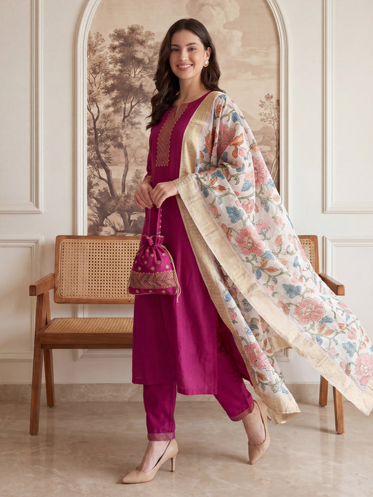 Indo Era Pink Yoke Design Straight Kurta Trousers With Dupatta Set