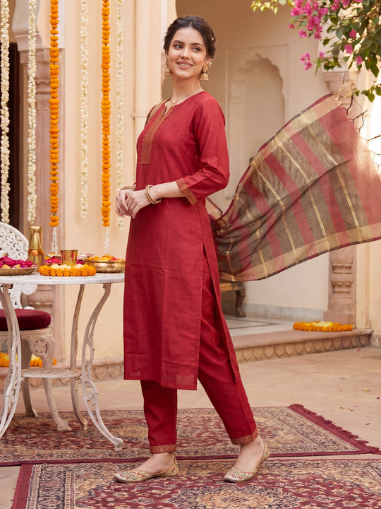 Indo Era Red Solid Straight Kurta Trousers With Dupatta Set