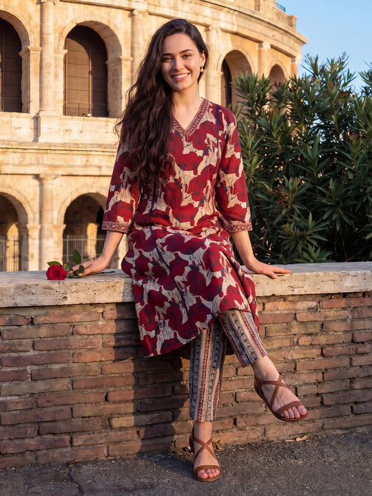 Indo Era Maroon Printed A-Line Kurta Trousers Set