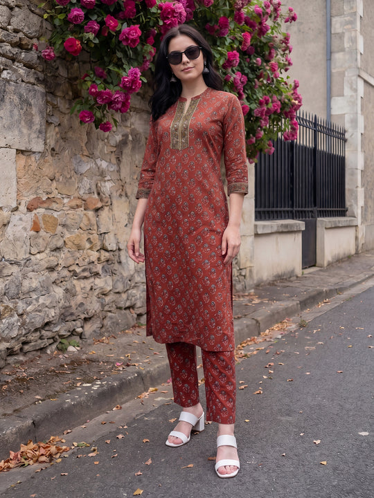 Indo Era Maroon Printed Straight Kurta Trousers Set