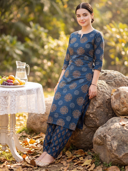 Indo Era Navy Blue Printed Straight Kurta Salwar Set