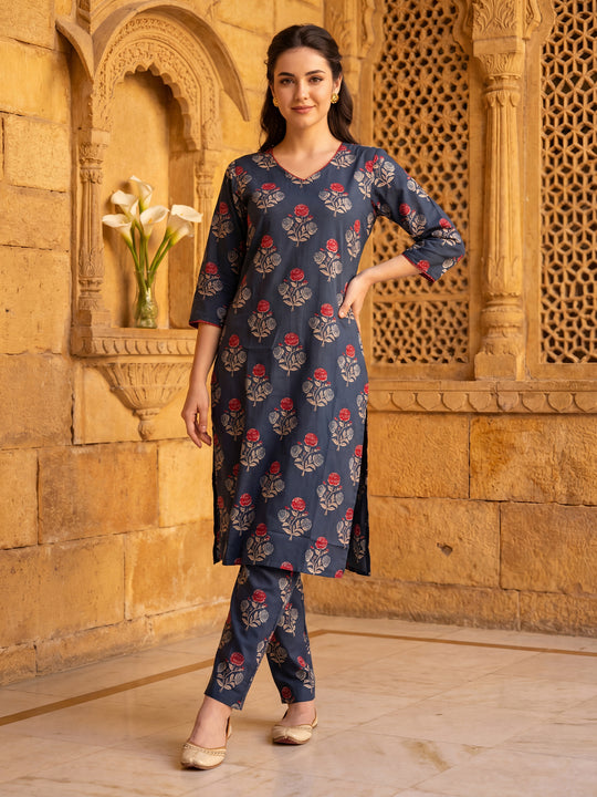 Indo Era Teal Printed Straight Kurta Trousers Set