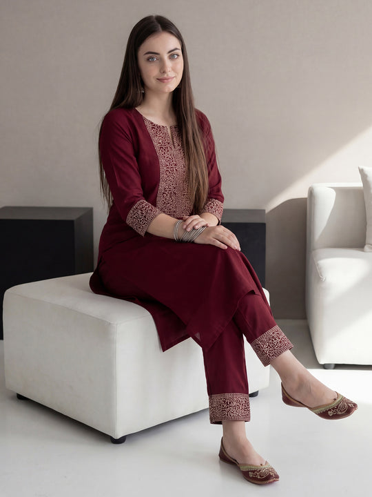 Indo Era Red Embroidered Straight Kurta Trousers Set