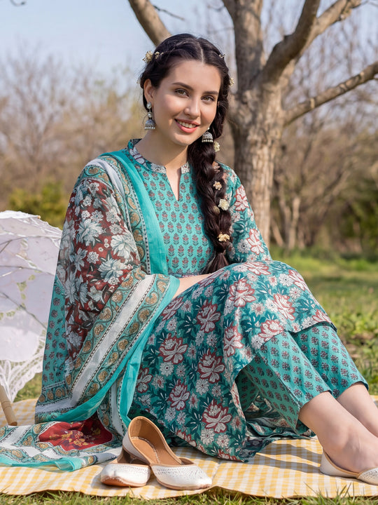 Indo Era Green Printed A-Line Kurta Trousers With Dupatta Set