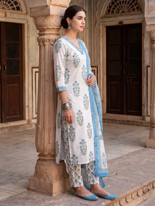 Indo Era White Printed Straight Kurta Trousers With Dupatta Set