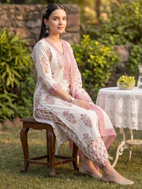 Indo Era White Printed Straight Kurta Salwar With Dupatta Set