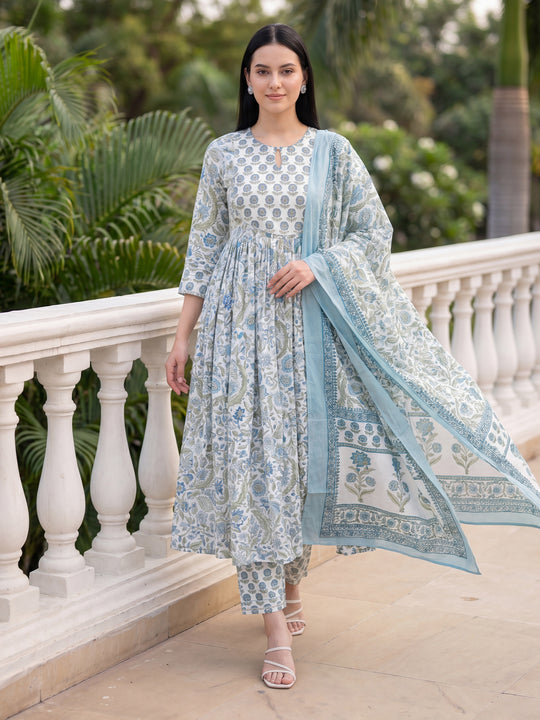 Indo Era White Printed A-Line Kurta Trousers With Dupatta Set