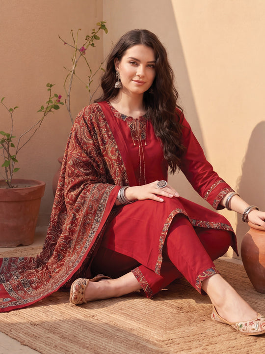 Indo Era Maroon Self Design Straight Kurta Trousers With Dupatta Set
