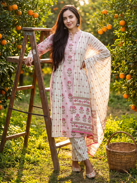 Indo Era Pink Printed A-Line Kurta Trousers With Dupatta Set