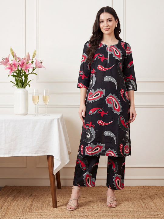 Indo Era Black Printed Straight Kurta Palazzos Set