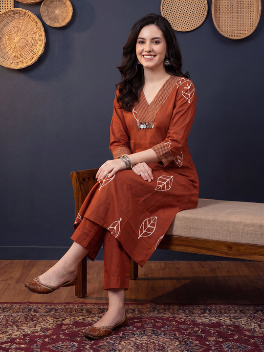 Indo Era Rust Printed A-Line Kurta Trousers Set