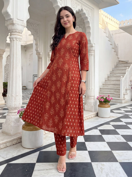 Indo Era Rust Printed A-Line Kurta Trousers Set