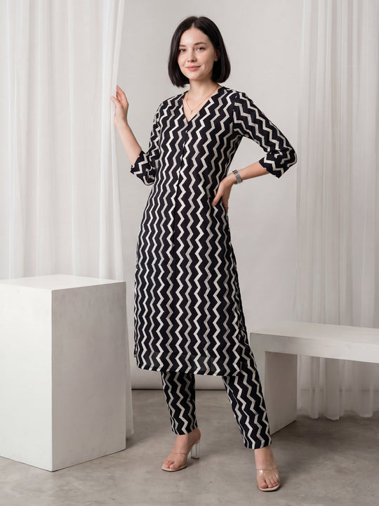 Indo Era Black Printed A-Line Kurta Trousers Set