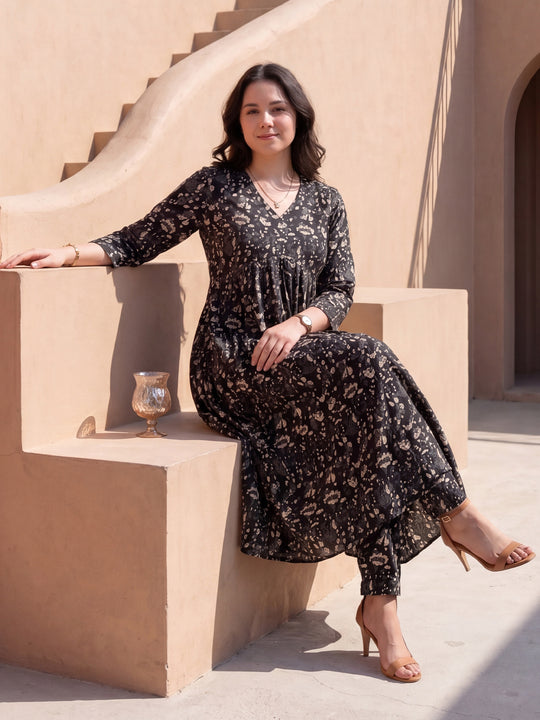 Indo Era Black Printed A-Line Kurta Trousers Set