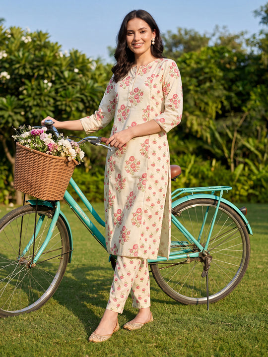Indo Era Off White Printed Straight Kurta Trousers Set