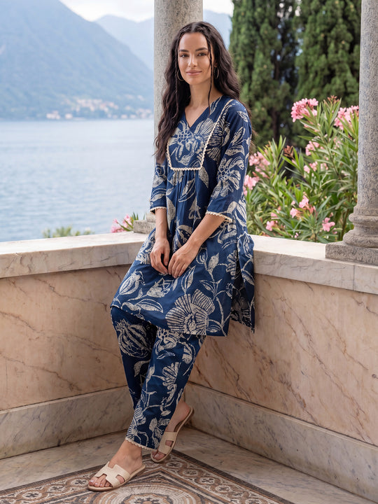 Indo Era Navy Blue Printed A-Line Kurta Palazzos Set