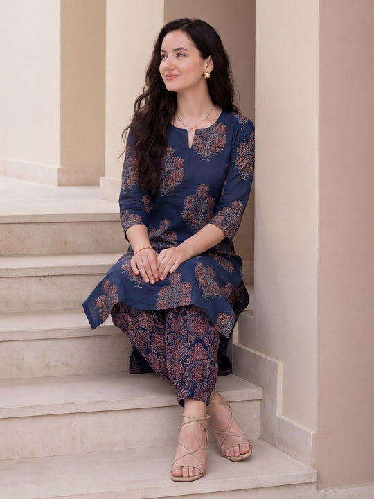 Indo Era Blue Printed Straight Kurta Salwar Set