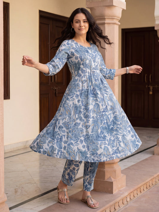 Indo Era Blue Printed A-Line Kurta Trousers Set