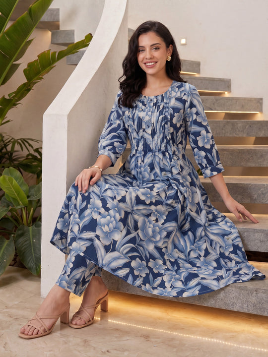 Indo Era Blue Printed A-Line Kurta Trousers Set