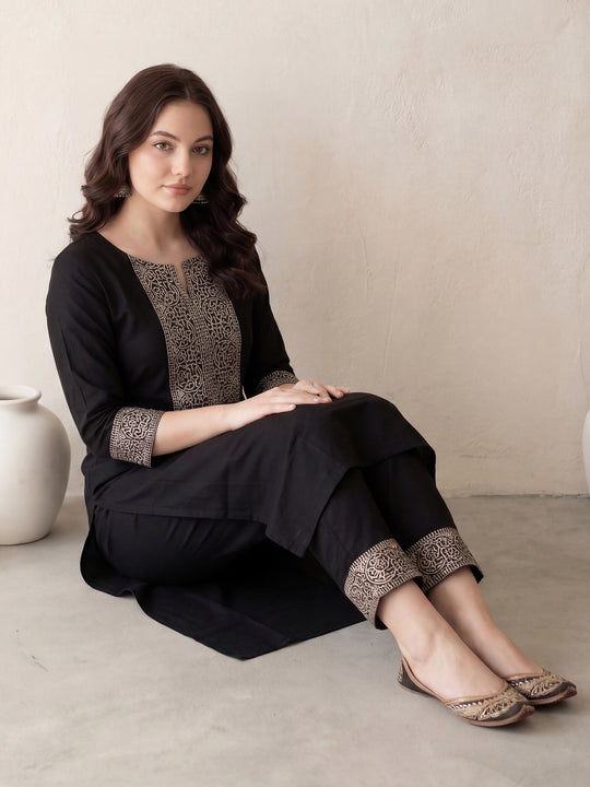 Indo Era Black Embroidered Straight Kurta Trousers Set