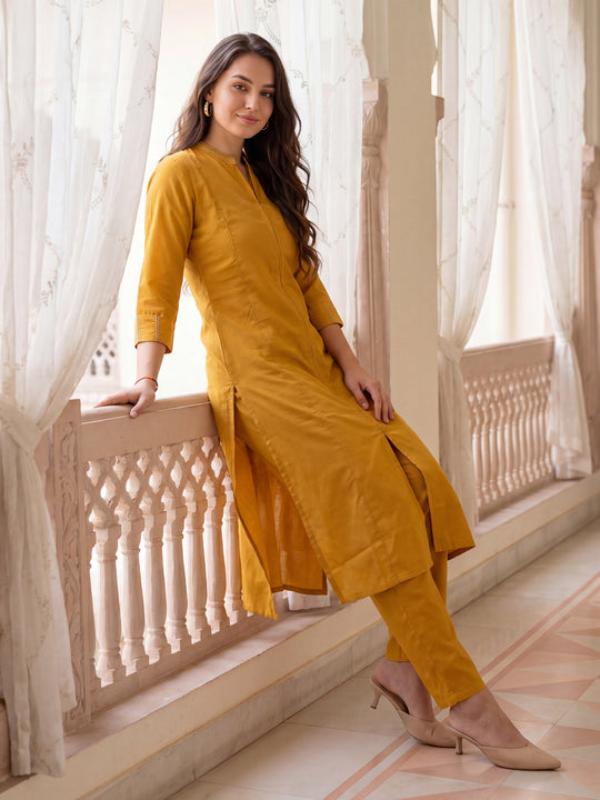 Indo Era Yellow Solid Straight Kurta Trousers Set