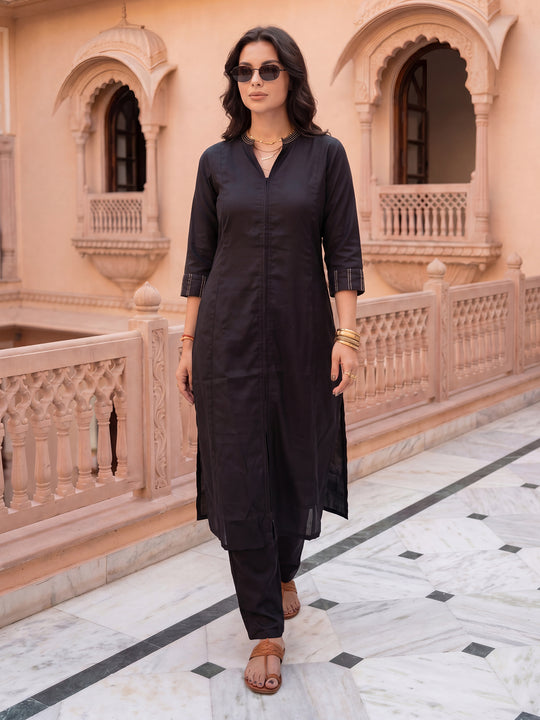 Indo Era Black Solid Straight Kurta Trousers Set