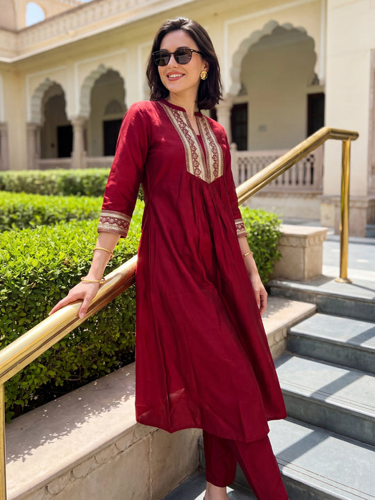 Indo Era Maroon Self Design A-Line Kurta Trousers Set