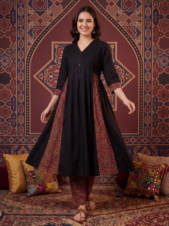 Indo Era Black Printed A-Line Kurta Trousers Set