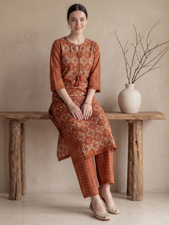 Indo Era Mustard Printed Straight Kurta Palazzos Set
