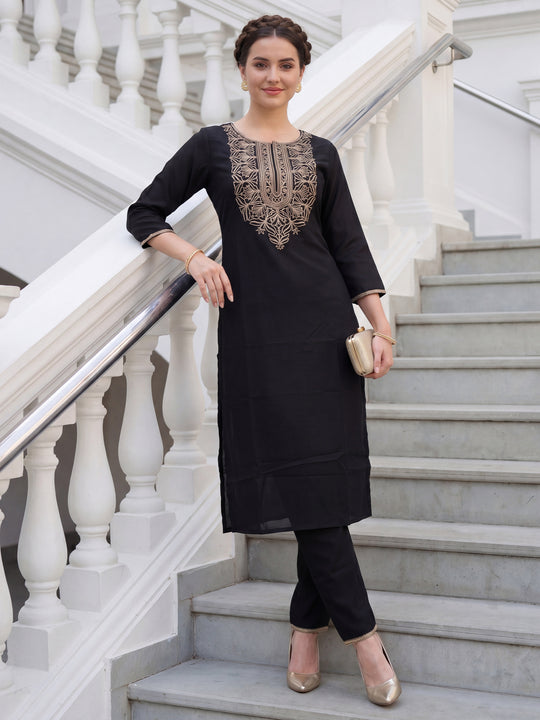 Indo Era Black Embroidered Straight Kurta Trousers Set