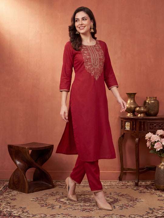 Indo Era Rust Embroidered Straight Kurta Trousers Set