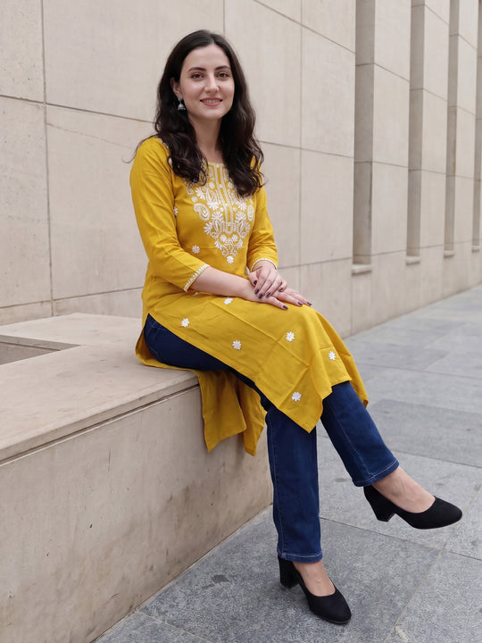 Indo Era Mustard Embroidered Straight Kurtas